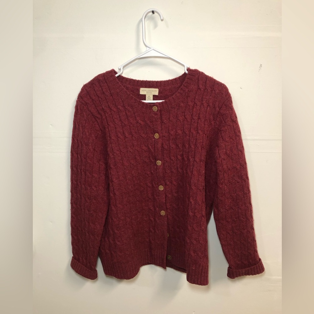 Appleseed's Rich Red Cable Knit Wool Cardigan Size Large Petite